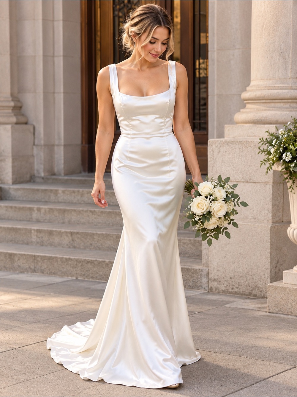 Satin Square-Neck Bridal Mermaid Dress in Ivory
